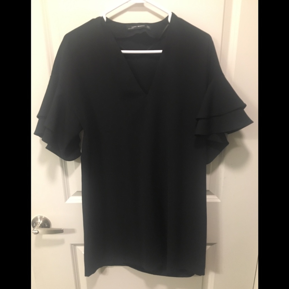 Zara black ruffle sleeve v neck dress size Medium